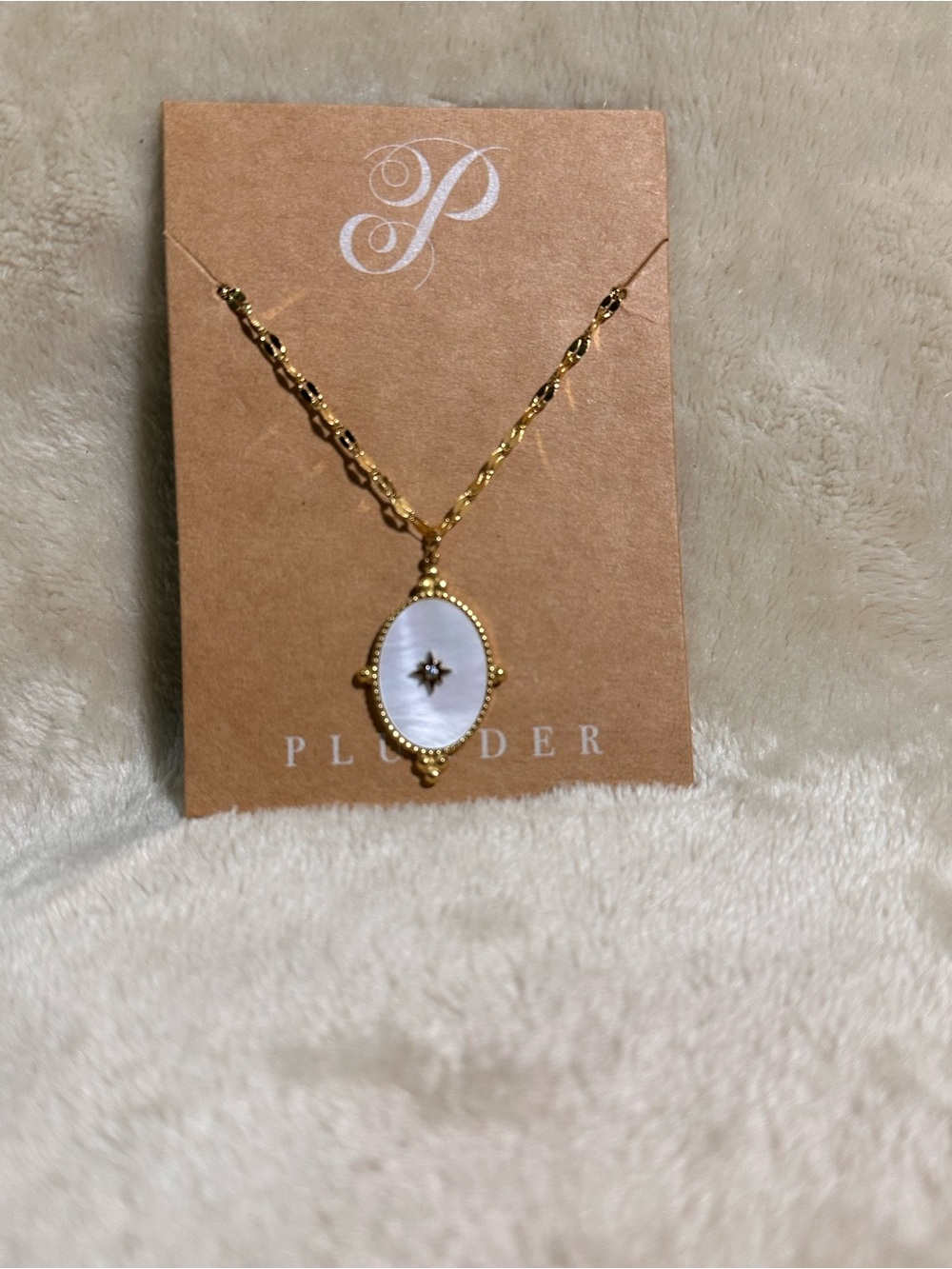 Plunder Gold Tone Chain Necklace with White Mother-of-Pearl Type Pendant